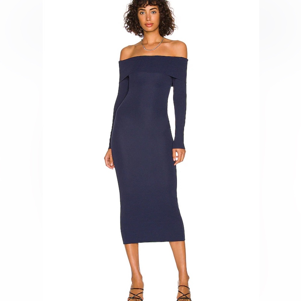 Bardot Off Shoulder Knit Dress in Navy